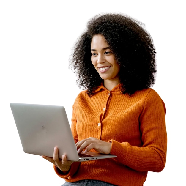 Businesswoman using laptop png isolated on transparent background