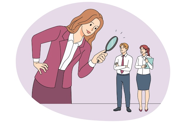 Businesswoman using magnifier looking for job candidates Female boss with magnifying glass consider candidacy for work vacancy Employment and hiring Vector illustration