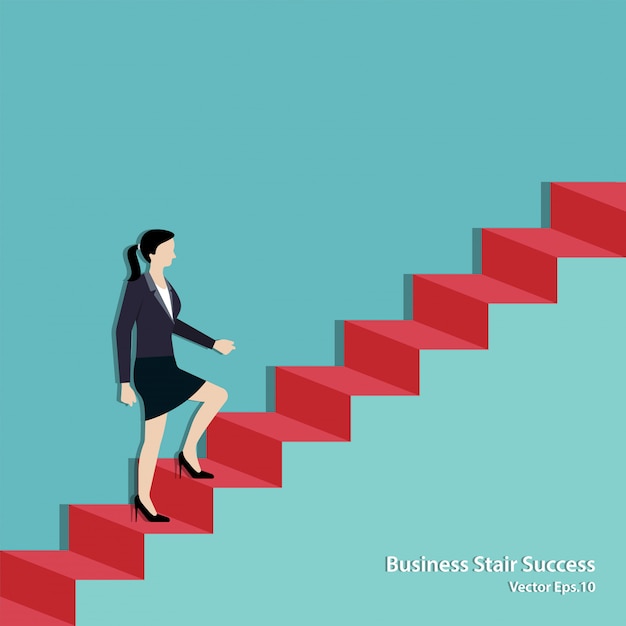 Vector businesswoman walking on staircase up to the goal