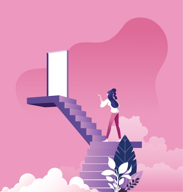 Vector businesswoman walking up staircase to door in sky