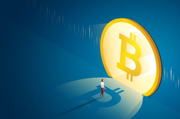 Businesswoman walks to front door bitcoin concept online cryptocurrency  blockchain technology