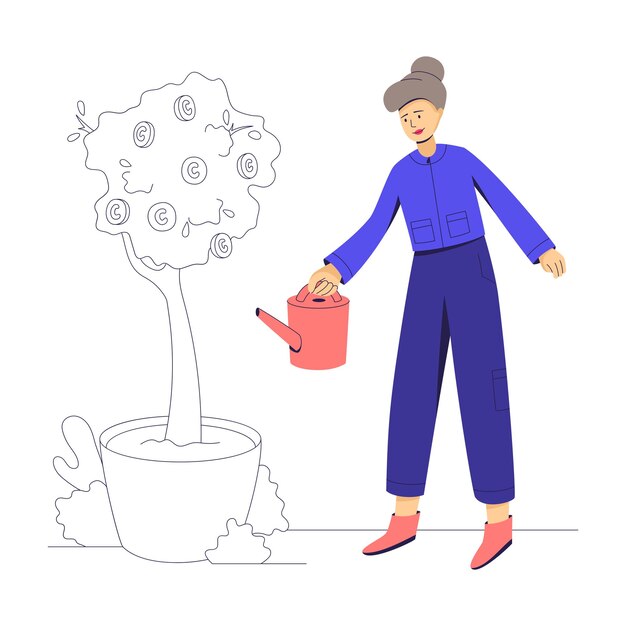 Vector businesswoman watering tree with coins