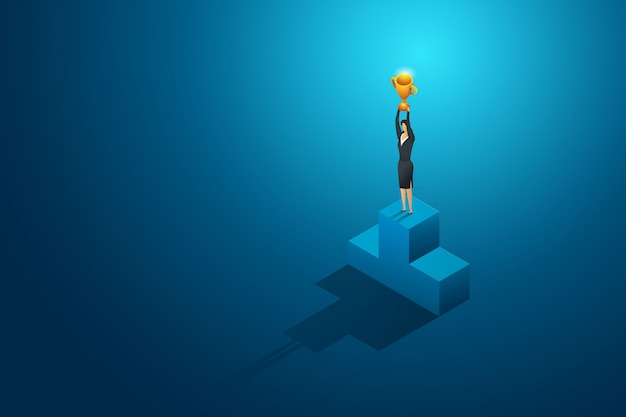 Businesswoman winner holding trophy on podium. leadership and success.isometric concept illustration