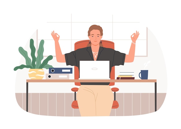 Vector businesswoman with closed eyes meditating at workplace vector flat illustration. relaxed female sitting at desk with laptop practicing yoga isolated on white. woman during stress relief at office.