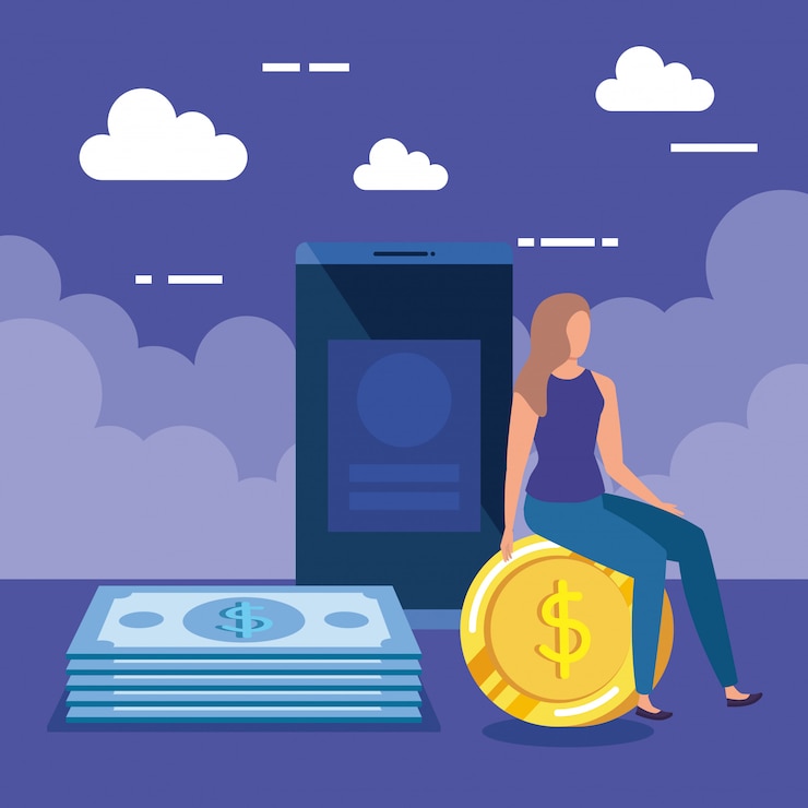 Вектор предприниматель с монетами и счета с технологией смартфона