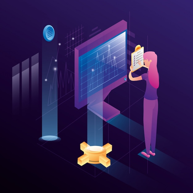 Vector businesswoman with data center network icons