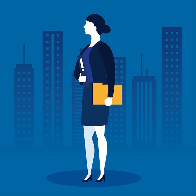 Businesswoman with file in front of city buildings