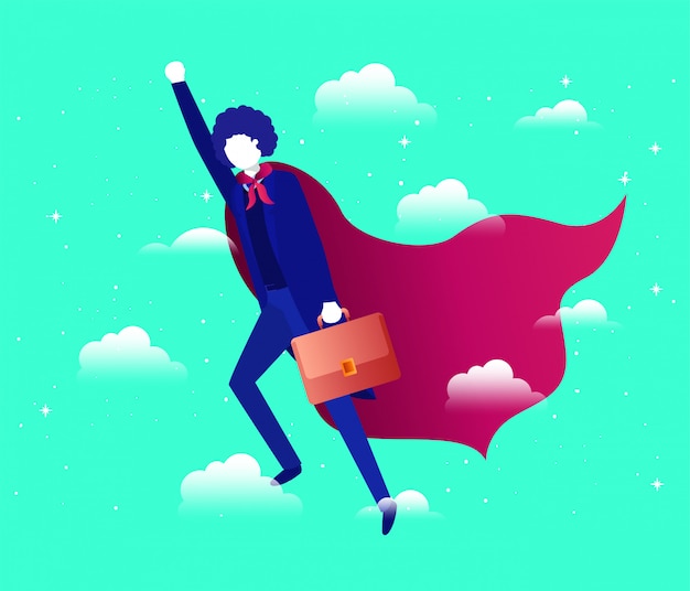 businesswoman with hero coat flying in the sky