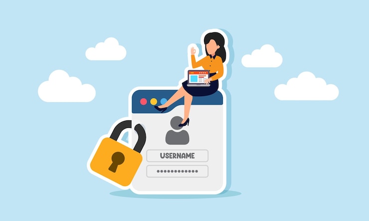 Vector businesswoman with a laptop sits on a sealed login screen illustration of protecting company data confidentiality