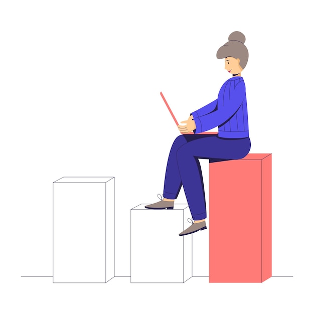 Vettore donna d'affari con un laptop seduta su un grafico