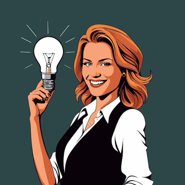 Vettore donna d'affari con una lampadina sulla testa che mostra idee ispiratrici e illustrazione vettoriale della creatività