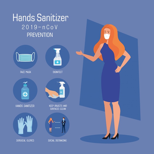 Businesswoman with mask and hands sanitizer prevention tips