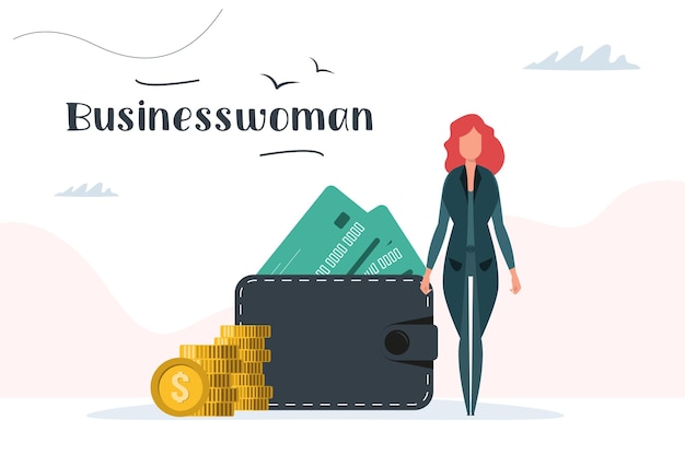 Businesswoman with money, wallet and dollar coins. Business concept. Vector