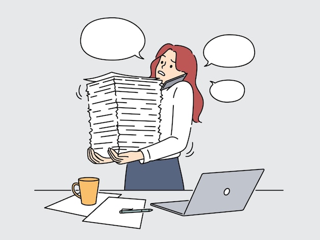 Businesswoman with paperwork stacks overwhelmed with work