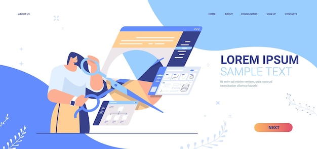 Donna d'affari con le forbici che crea landing page di grafici visivi