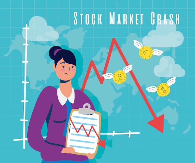 Businesswoman with stock market crash icons