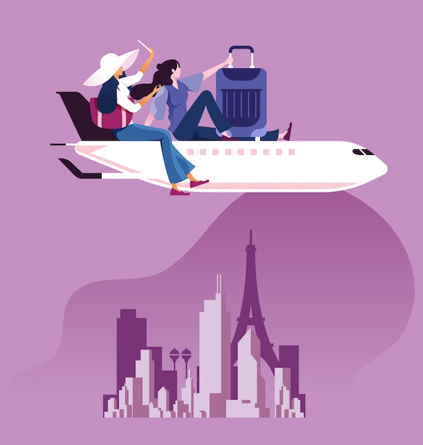 Вектор Предприниматель с чемоданом сидеть на вершине самолета, чтобы путешествовать