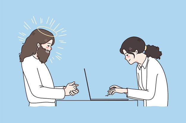 Businesswoman work on computer Jesus Christ sit in front waiting for savior to help Father lord watch woman using laptop guard or share love and care Faith and religion Vector illustration