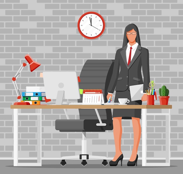 businesswoman at work. modern creative office workspace. workplace with computer lamp, clock, books, coffee, calendar, chair, desk and stationery. desk with business elements. flat vector illustration