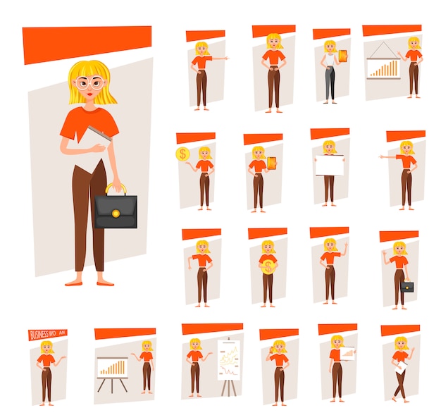 Businesswoman working character design set. the girl shows on the development chart. 12 poses vector illustration.