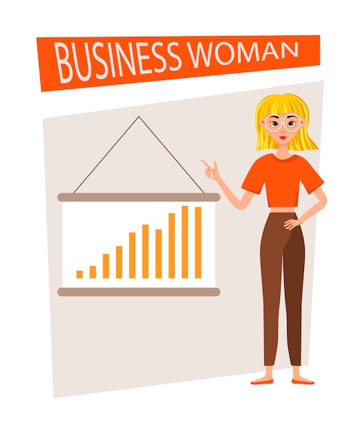 Businesswoman working character  set. The girl shows on the development chart. 