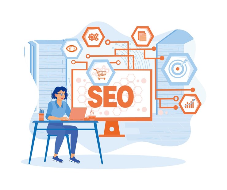 Vector businesswoman working from home with seo icon on the computer laptop screen seo concept