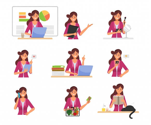 Vector businesswoman working routine character pose.