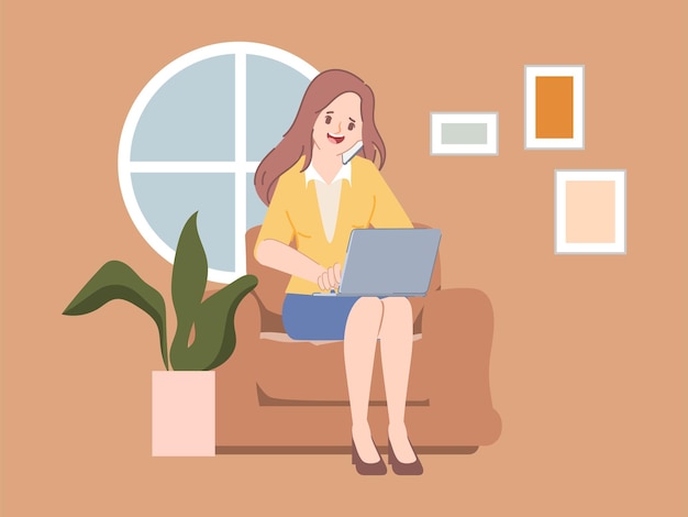 Businesswoman working with laptop and talking phone together flat vector people design