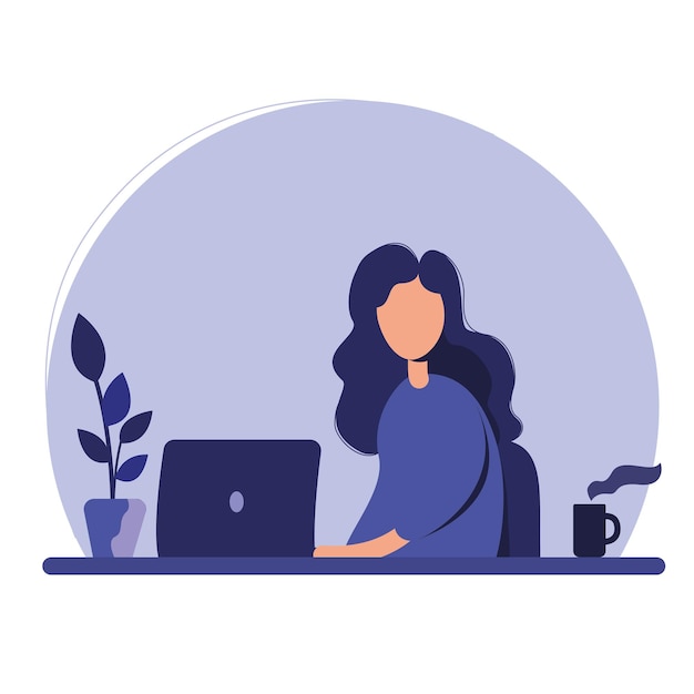 Vector businesswoman works at a desk in front of a laptop