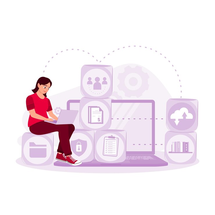 Vector businesswomen are sitting with a laptop accessing online databases digital file storage systems