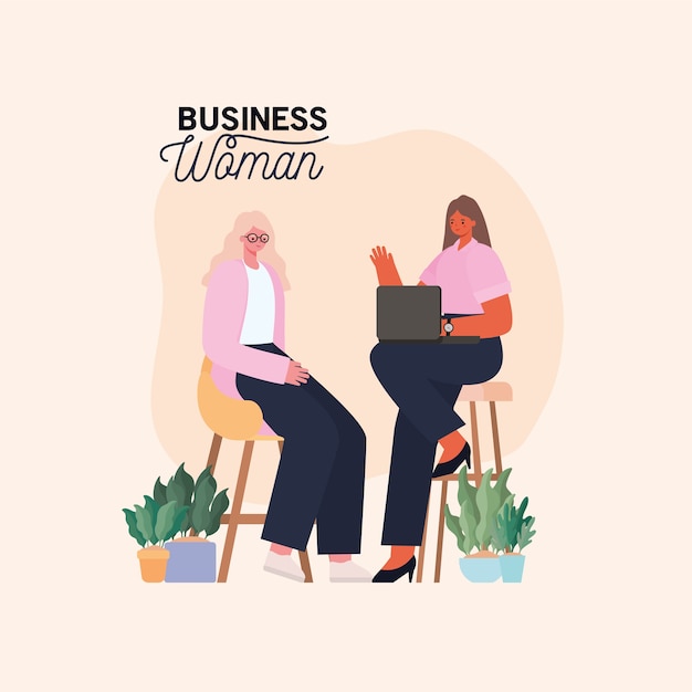 Мультфильмы деловых женщин на стульях с дизайном ноутбука и растений, управление бизнесом и корпоративная тема