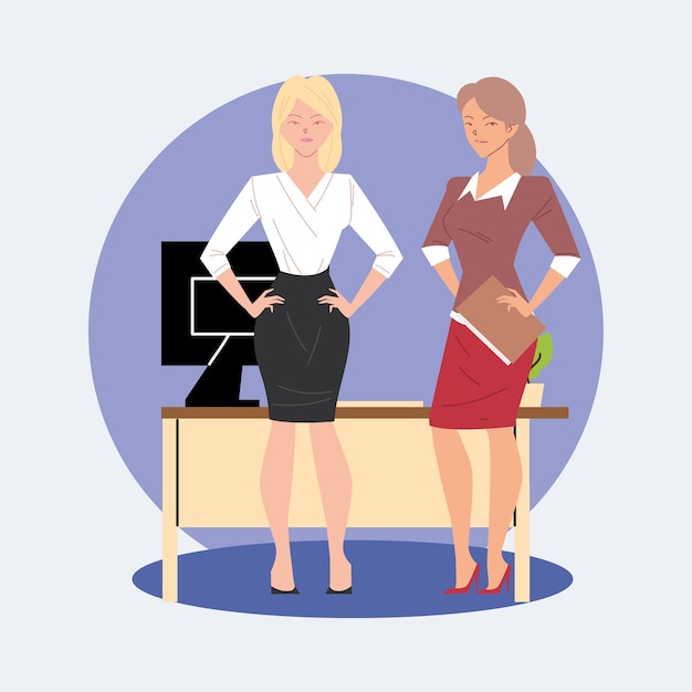 Businesswomen cartoons with computer on desk design, business management and corporate theme