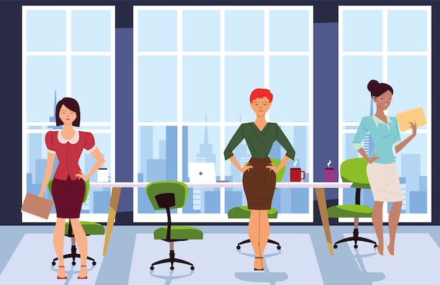 Businesswomen cartoons with files in front of office meeting table design, business management and corporate theme 