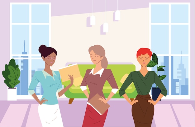 Мультфильмы деловых женщин с файлами перед офисным диваном, дизайн, управление бизнесом и корпоративная тема