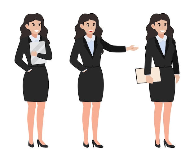 Vector businesswomen character poses tuxedo with curly hair