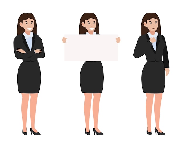 Vector businesswomen character poses tuxedo with long hair