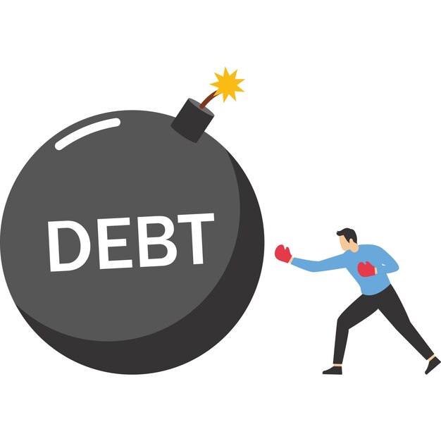 Vector businesswomen fight big debt bombs vector illustration in flat style