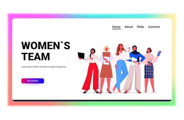 Businesswomen leaders in formal wear standing together successful business women team leadership concept female office workers using digital gadgets horizontal copy space full length vector illustrati