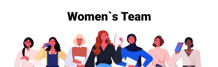 Vector businesswomen leaders in formal wear standing together successful business women team leadership concept female office workers using digital gadgets horizontal portrait vector illustration