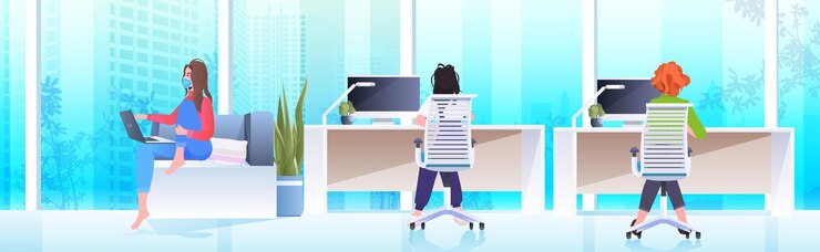 Vector businesswomen in masks working and talking together in coworking center coronavirus pandemic teamwork concept modern office interior horizontal