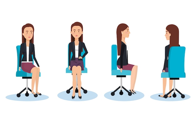 businesswomen posing on office chair vector illustration design