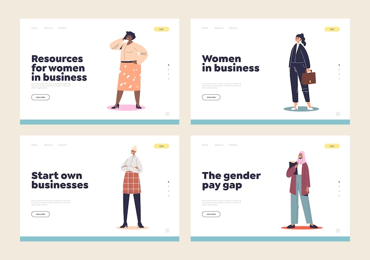 Vector businesswomen starting small business creating startup plan landing pages set with female leaders