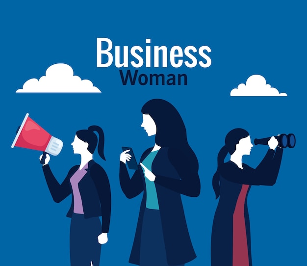 Businesswomen with megaphone, smartphone, binoculars, and clouds on blue