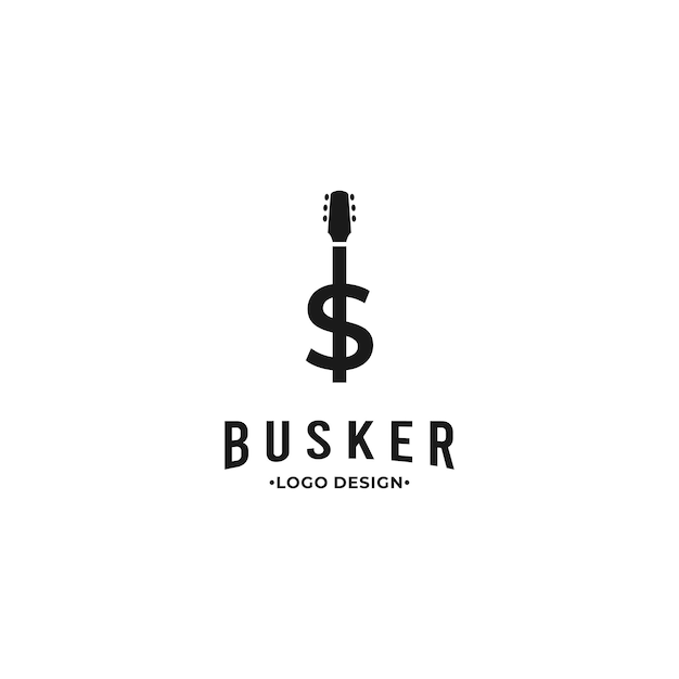 Дизайн логотипа Busker на изолированном фоне символа доллара в сочетании с концепцией логотипа гитарной шеи