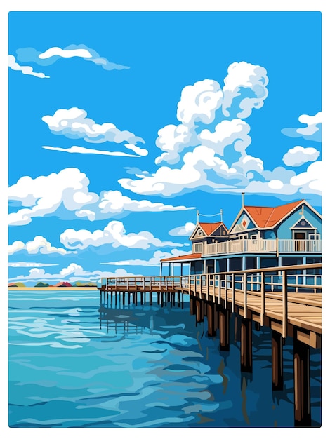 Vector busselton jetty australia vintage travel poster souvenir postcard portrait painting wpa illustration