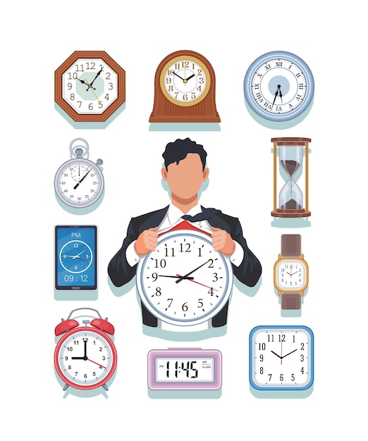 Bussinessman holding clock with set of clocks on the wall as background vector illustration