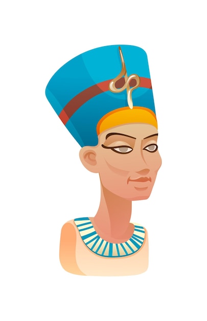 Vector bust of nefertiti queen of egypt in blue headdress with the image of cobra famous symbol