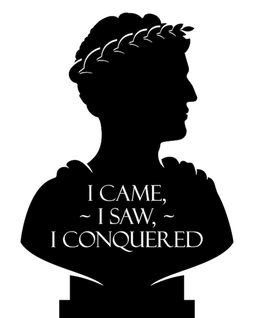 Vector bust statue of caesar with i came i saw i conquered phrase silhouette vector illustration