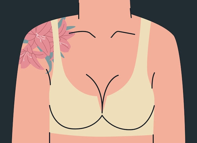 Busto di una donna in un bellissimo reggiseno nudo parte superiore del corpo femminile in biancheria intima di supporto corpo della donna con tatuaggio di giglio sulla spalla illustrazione di tendenza vettoriale per il design