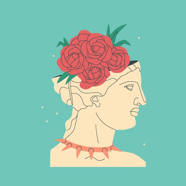 Buste van een decoratieve oude Griekse godin van een vrouw Antiek beeld met een boeket roze bloemen op zijn hoofd en een bezaaide kraag Vector geïsoleerde trendillustratie